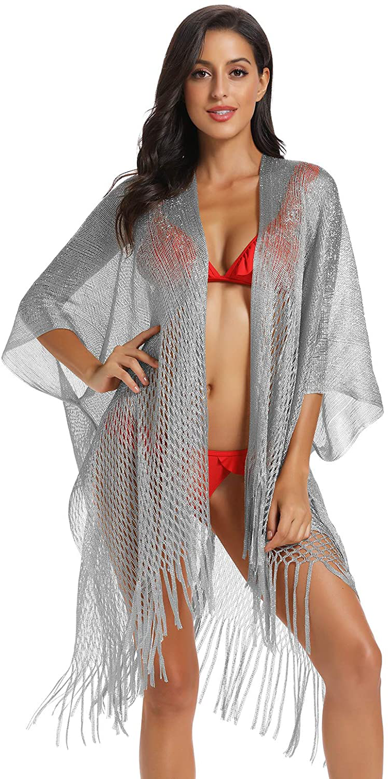 Metallic Sparkly Kimono Cardigan Swimsuit Beach Bikini Cover Ups Open Front Casual Blouse Tops Apparel & Accessories > Clothing > Swimwear Kylie Max   