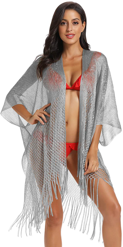 Metallic Sparkly Kimono Cardigan Swimsuit Beach Bikini Cover Ups Open Front Casual Blouse Tops Apparel & Accessories > Clothing > Swimwear Kylie Max   