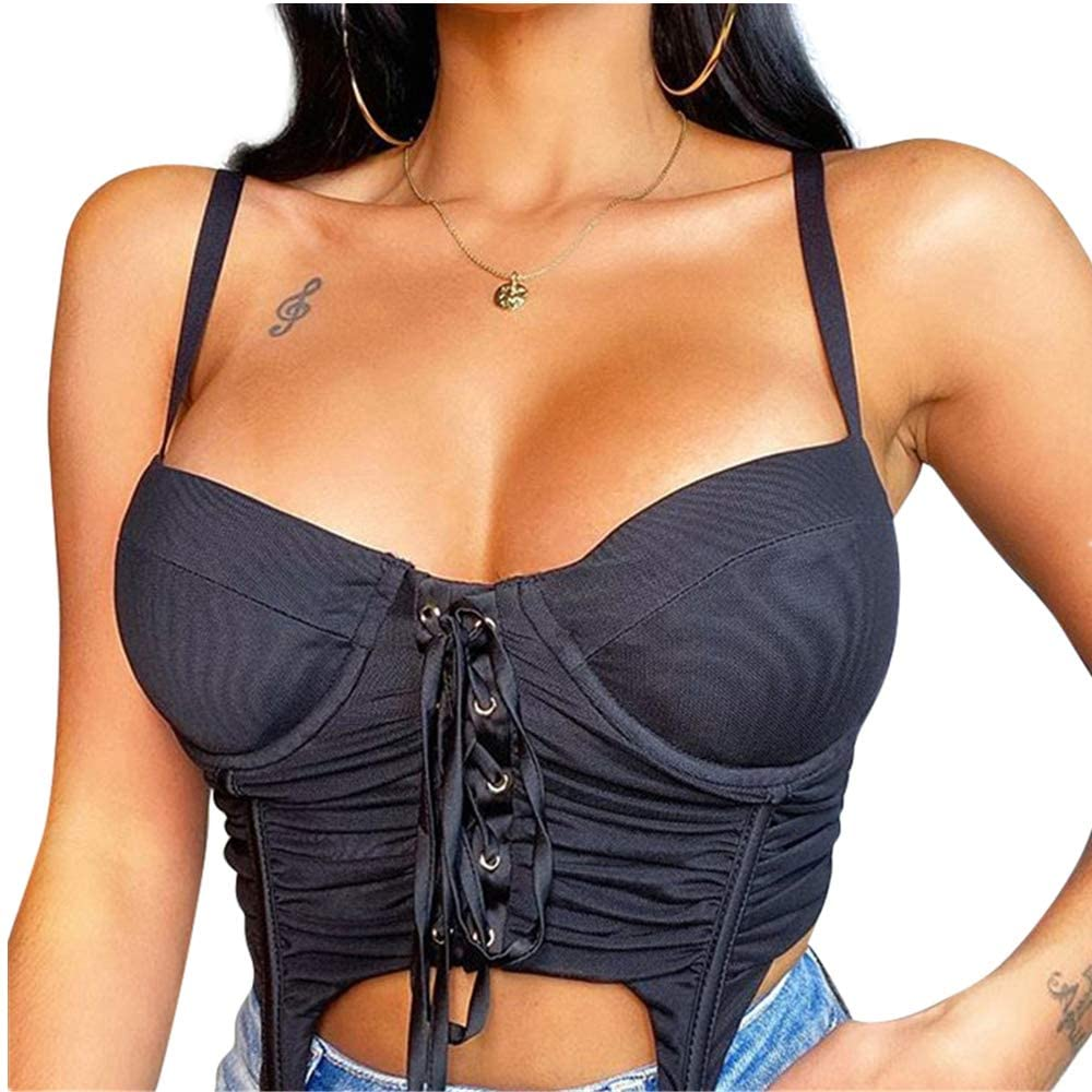 Rozegaga Womens Sexy Mesh Padded Ruched Lace up Bustier Backless Corset Crop Top Apparel & Accessories > Clothing > Underwear & Socks > Lingerie Rozegaga Black Large 
