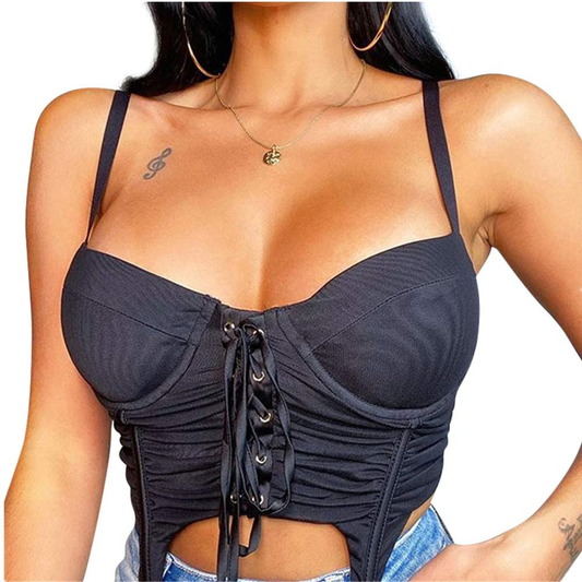 Rozegaga Womens Sexy Mesh Padded Ruched Lace up Bustier Backless Corset Crop Top Apparel & Accessories > Clothing > Underwear & Socks > Lingerie Rozegaga Black Large 
