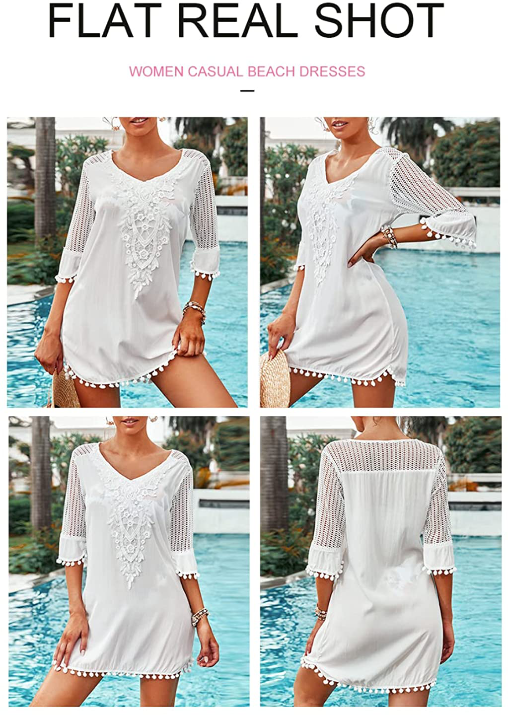 BLENCOT Women'S Crochet Chiffon Tassel Swimsuit Bikini Pom Pom Trim Swimwear Beach Cover Up Apparel & Accessories > Clothing > Swimwear Kylie Max   