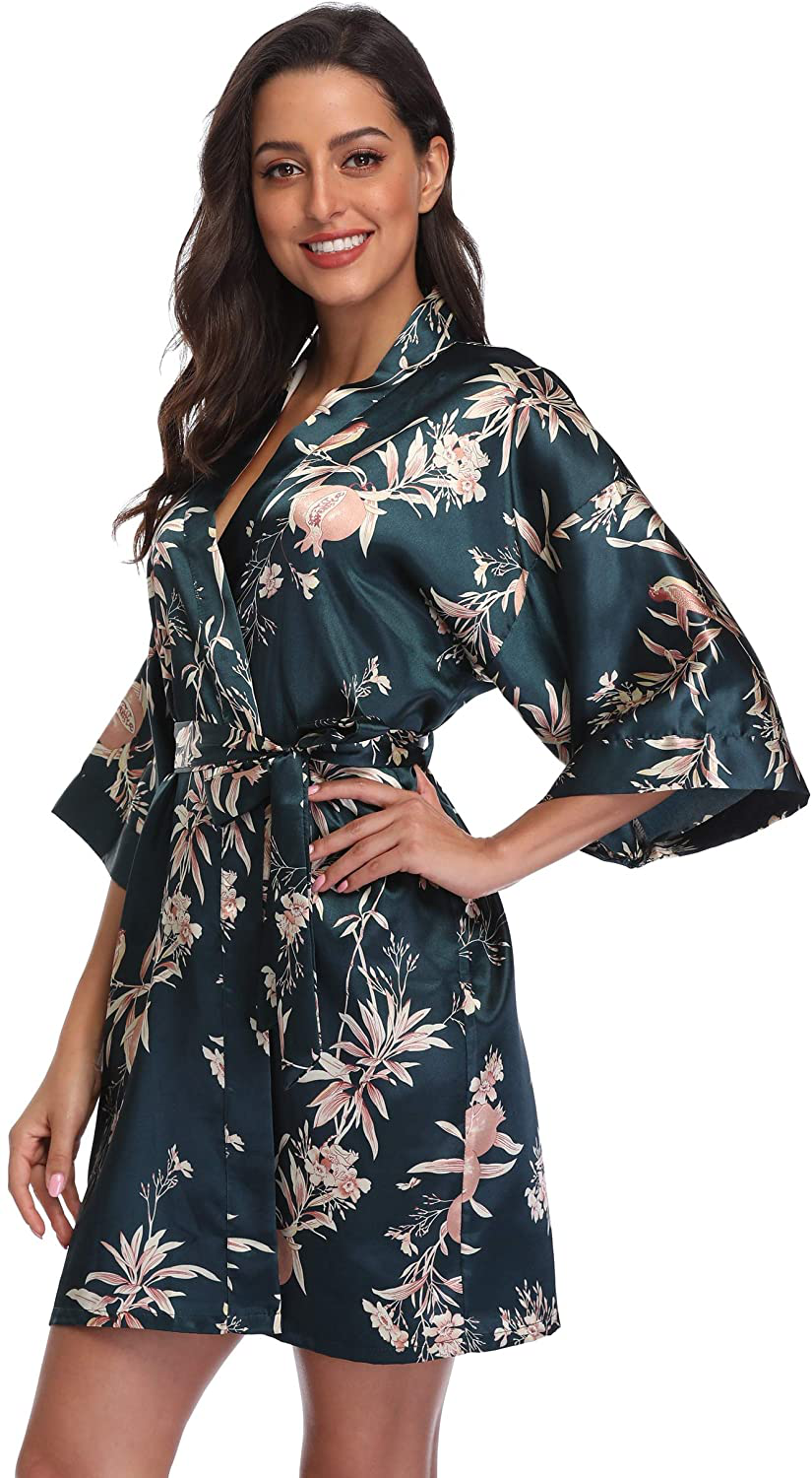 Season Dressing Women Floral Robes Bridesmaids Short Satin Kimono Sleepwear for Wedding Party Apparel & Accessories > Clothing > Sleepwear & Loungewear > Robes season dressing Green Medium 