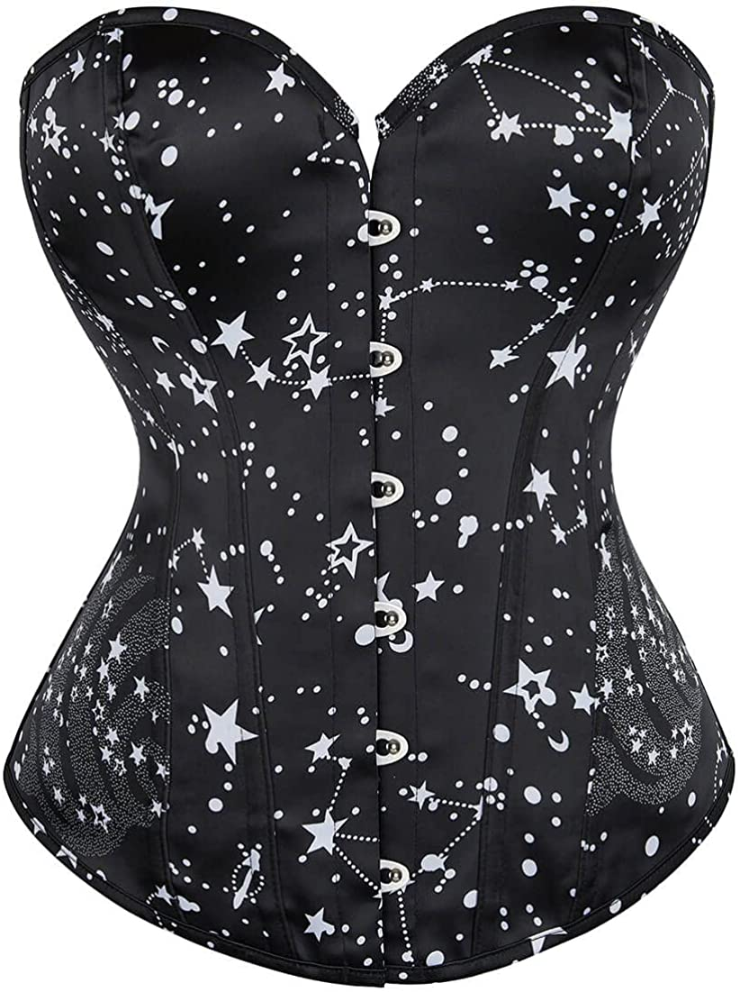 Women'S Lacing Corset Top Satin Floral Boned Overbust Body Shaper Bustier Apparel & Accessories > Clothing > Underwear & Socks > Lingerie SHYMMUO Black Astronomy Print XX-Large 