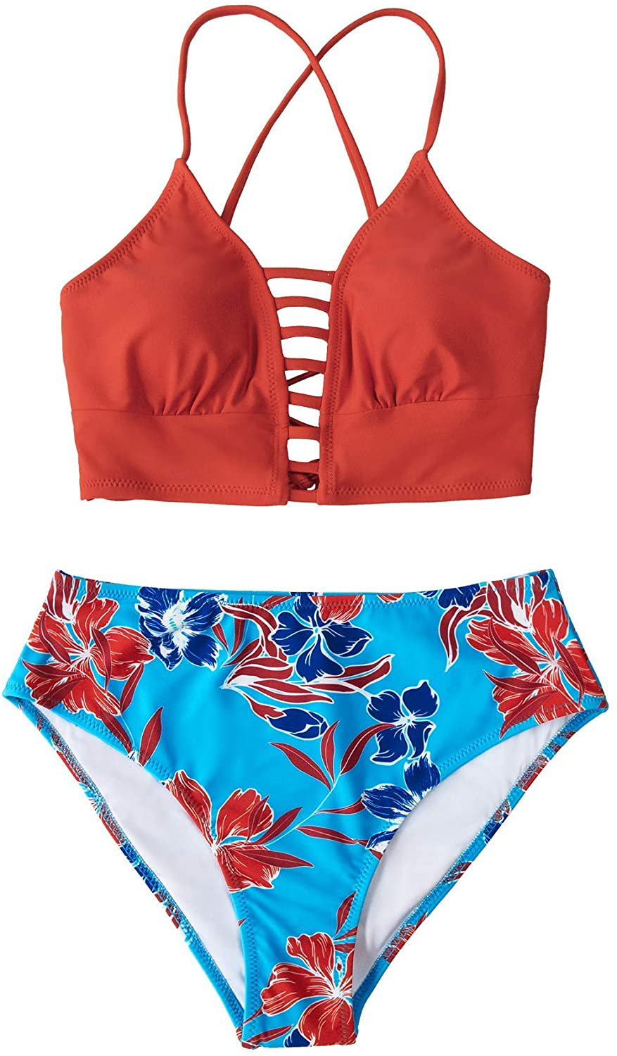 CUPSHE Women’s Bikini Swimsuit Floral Print Lace Up Multi Color Strappy Two Piece Bathing Suit Apparel & Accessories > Clothing > Swimwear KYLIE MAX Orange Blue X-Small 