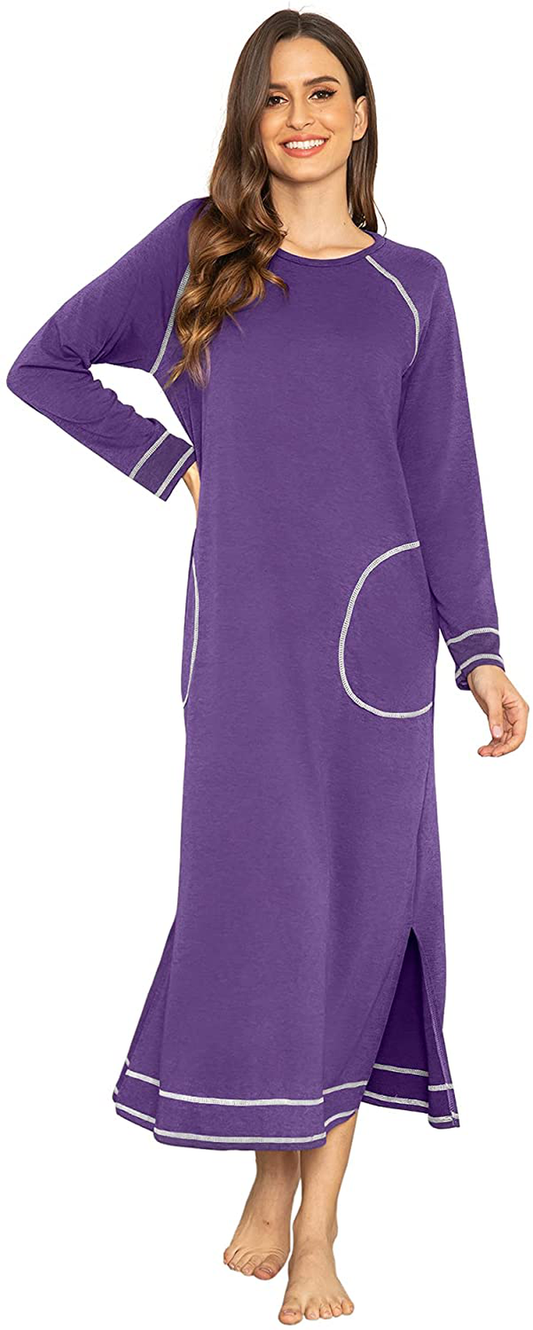 Ekouaer Women'S Nightshirt Long Sleeve Nightgown round Neck Sleepwear Full Length Pajama Dress with Pockets Loungewear S-XXL Apparel & Accessories > Clothing > Sleepwear & Loungewear > Nightgowns Kylie Max   