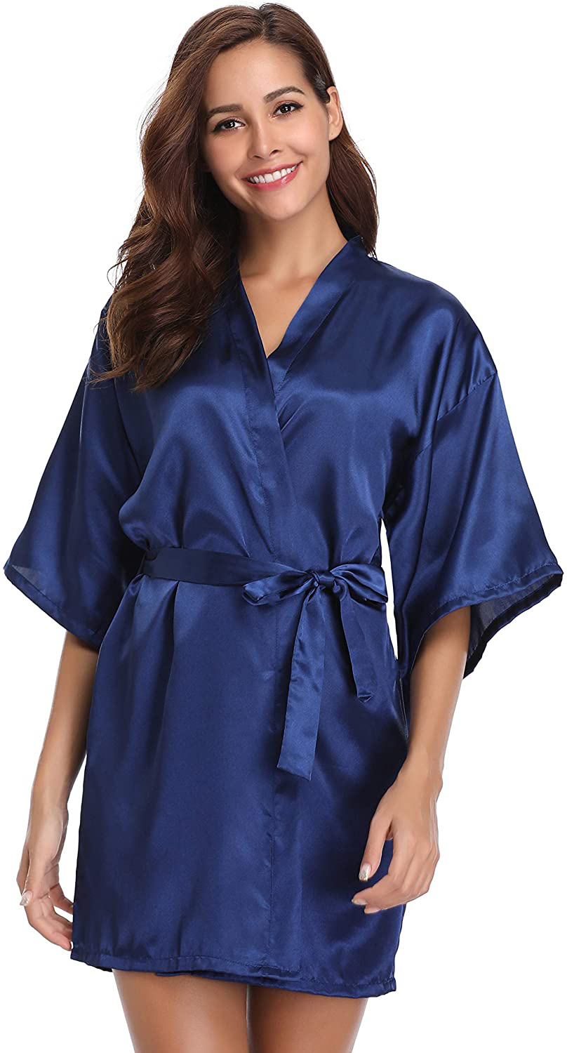 Vlazom Women'S Kimono Robes Short Satin Pure Color Bridal Party Robe with Oblique V-Neck Apparel & Accessories > Clothing > Sleepwear & Loungewear > Robes KYLIE MAX Dark Blue Small 