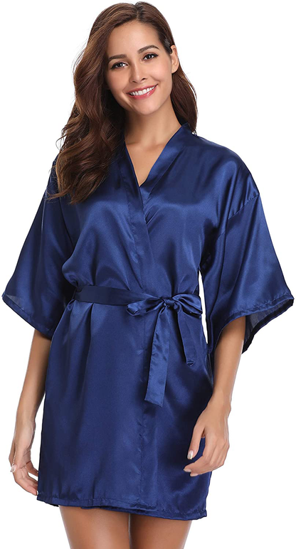 Vlazom Women'S Kimono Robes Short Satin Pure Color Bridal Party Robe with Oblique V-Neck Apparel & Accessories > Clothing > Sleepwear & Loungewear > Robes KYLIE MAX Dark Blue Small 