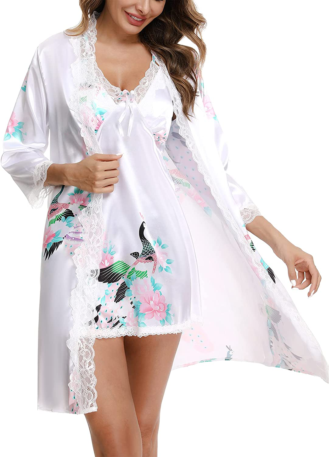Sykooria Sexy Satin Robes for Women Lace Pajamas Set 2 Piece Sleepwear Ladies Lingerie Nightgown for Bride Party Apparel & Accessories > Clothing > Sleepwear & Loungewear > Robes Sykooria   