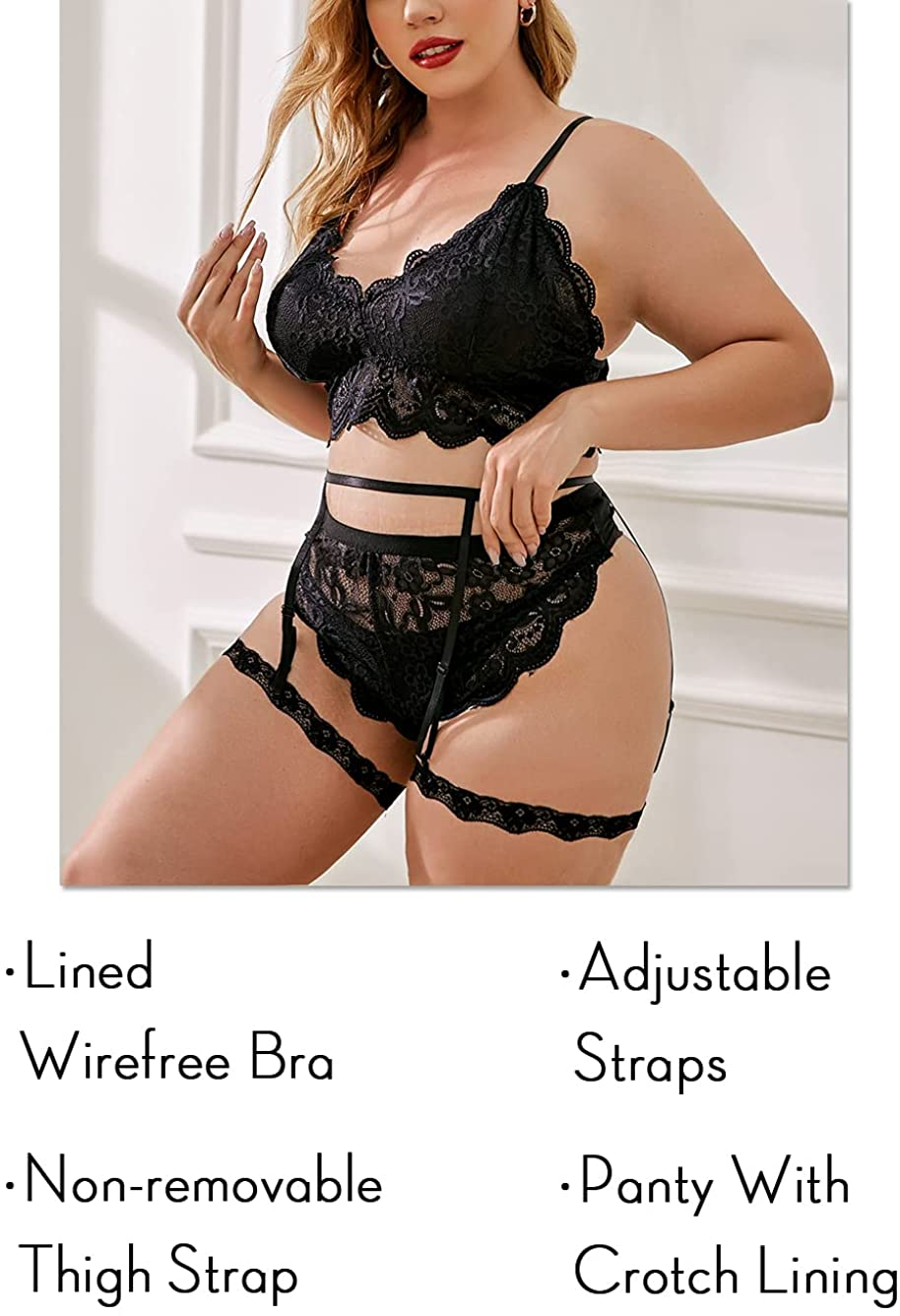 Kaei&Shi Floral Lace,V Neck Bralette,High Waisted Panty,Thigh Straps Belt,Plus Size Garter Lingerie Apparel & Accessories > Clothing > Underwear & Socks > Lingerie Kaei&Shi   
