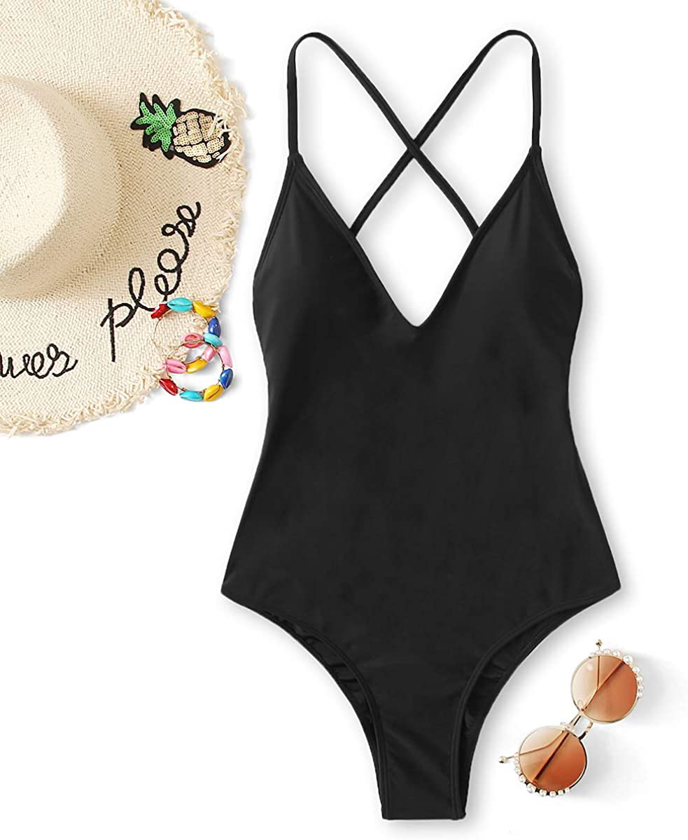 SOLY HUX Women'S Plunge Neck Cross Back High Cut One Piece Bathing Suits Swimsuit Apparel & Accessories > Clothing > Swimwear Kylie Max   