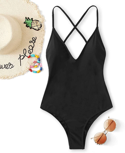 SOLY HUX Women'S Plunge Neck Cross Back High Cut One Piece Bathing Suits Swimsuit Apparel & Accessories > Clothing > Swimwear Kylie Max   