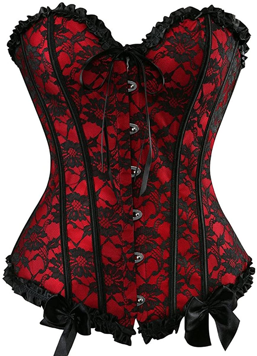 Everlove Corset Satin Overbust Lace up Busiter Shapewear Outfit Apparel & Accessories > Clothing > Underwear & Socks > Lingerie EverLove Red Medium 