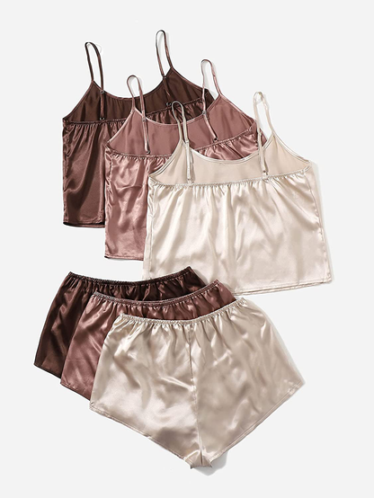 Shein Women'S 3 Sets Satin Pajama Set Sleeveless Crop Cami and Elastic Waist Shorts Sleepwear Lounge Set Apparel & Accessories > Clothing > Sleepwear & Loungewear Kylie Max   