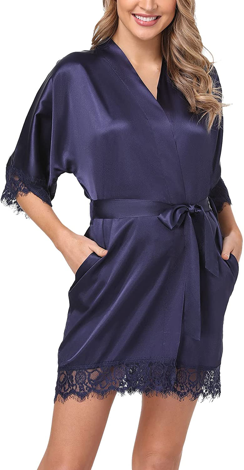 Old-Times Women Satin Short Robes for Bridesmaid Bride Sexy Nightgown Lace Trim Lightweight Bathrobe Apparel & Accessories > Clothing > Sleepwear & Loungewear > Robes Old-Times   