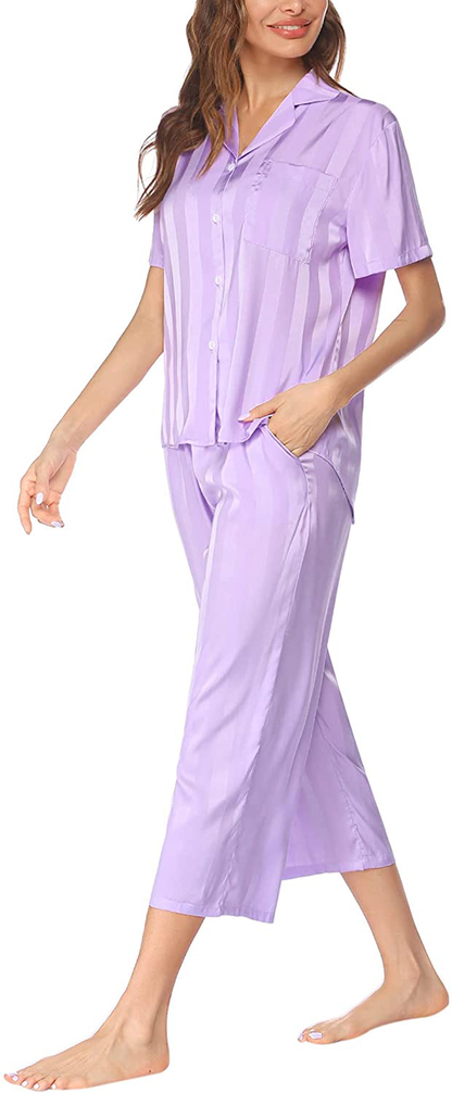Ekouaer Women Silk Satin Pajamas Button down Lounge Sets Short Sleeve Sleepwear Apparel & Accessories > Clothing > Sleepwear & Loungewear > Pajamas Kylie Max   
