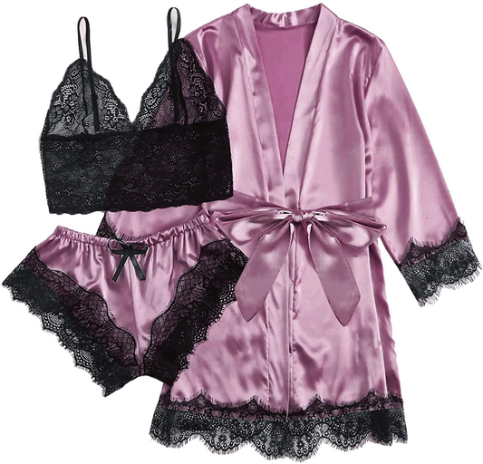 TAKOYI Women'S Sexy Lace 3 Piece Satin Robe and Pajama Set Cami Top Lingerie with Robe Camisole Shorts Apparel & Accessories > Clothing > Sleepwear & Loungewear Kylie Max   
