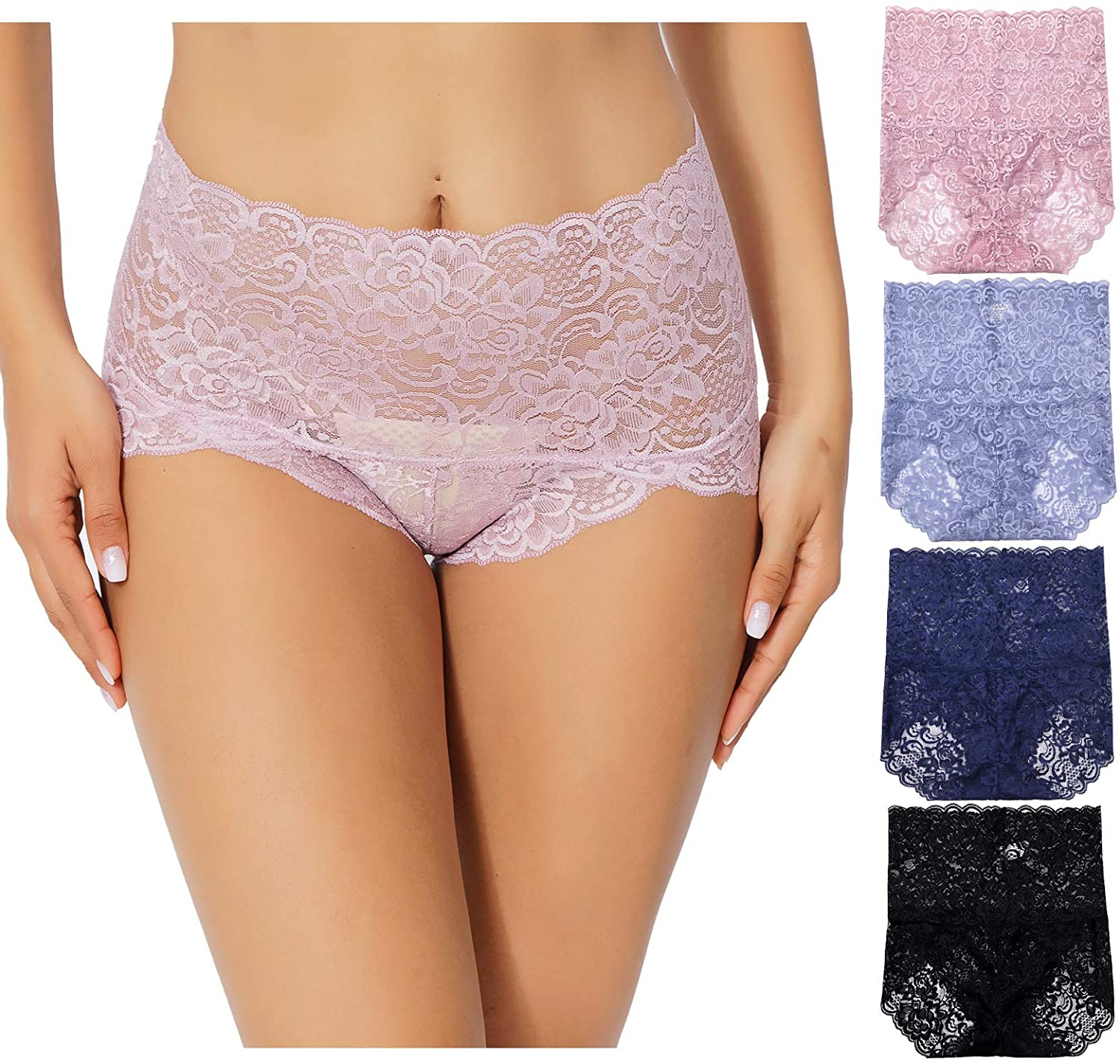 KYY Women'S Lace Underwear High Waist Sexy Panties Full Coverage Briefs 4 Pack  KYY Black/Dark Blue/Light Blue/Light Purple 4X-Large 