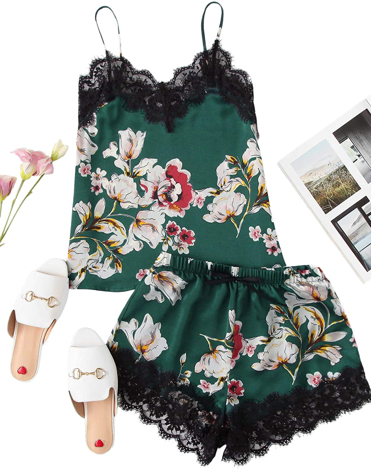 Makemechic Women'S Lace Satin Sleepwear Cami Top and Shorts Pajama Set Apparel & Accessories > Clothing > Sleepwear & Loungewear Kylie Max   
