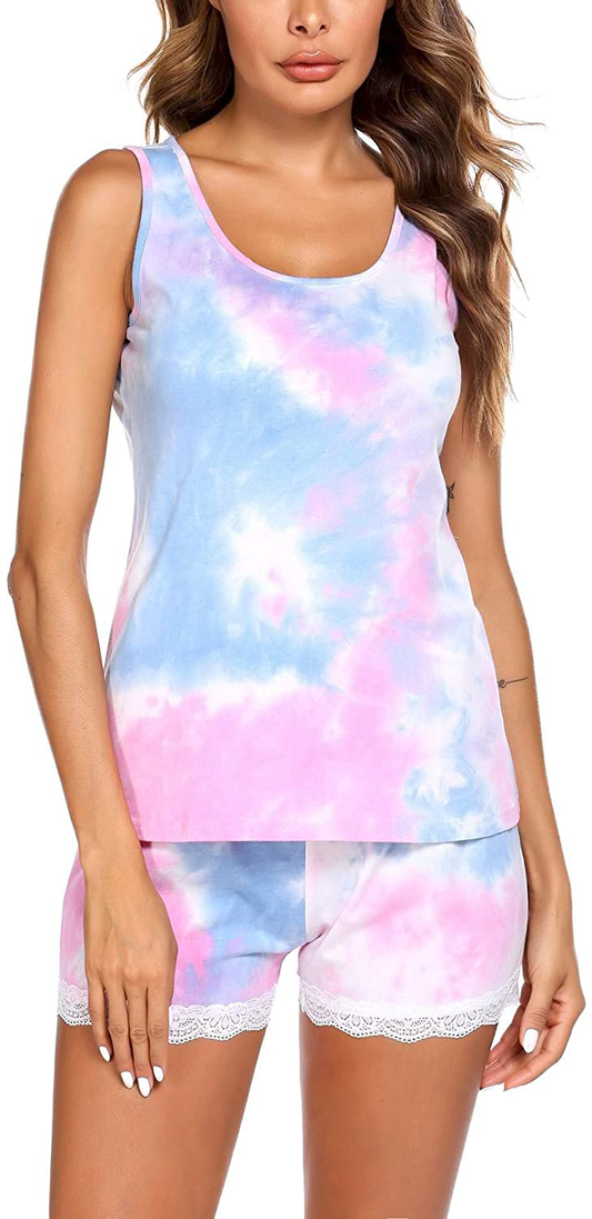 Ekouaer Womens Pajama Set Sleeveless Tank Top and Shorts Pj Set Lace Hem Sleepwear S-XXL Apparel & Accessories > Clothing > Sleepwear & Loungewear > Pajamas Ekouaer Tie-dye 01 Medium 