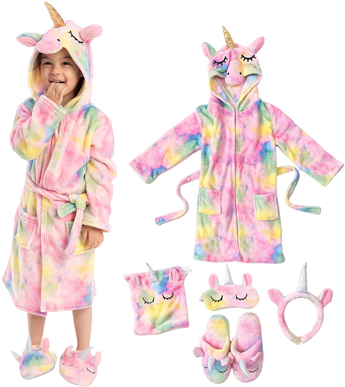 Unicorn Hooded Bathrobe Sleepwear with Blindfold, Bag, Slippers and Headband Apparel & Accessories > Clothing > Sleepwear & Loungewear > Robes Kylie Max   