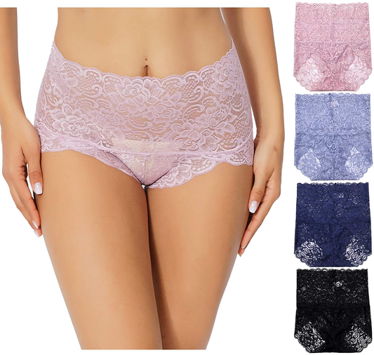 KYY Women'S Lace Underwear High Waist Sexy Panties Full Coverage Briefs 4 Pack Apparel & Accessories > Clothing > Underwear & Socks > Underwear KYY Black/Dark Blue/Light Blue/Light Purple 4X-Large 