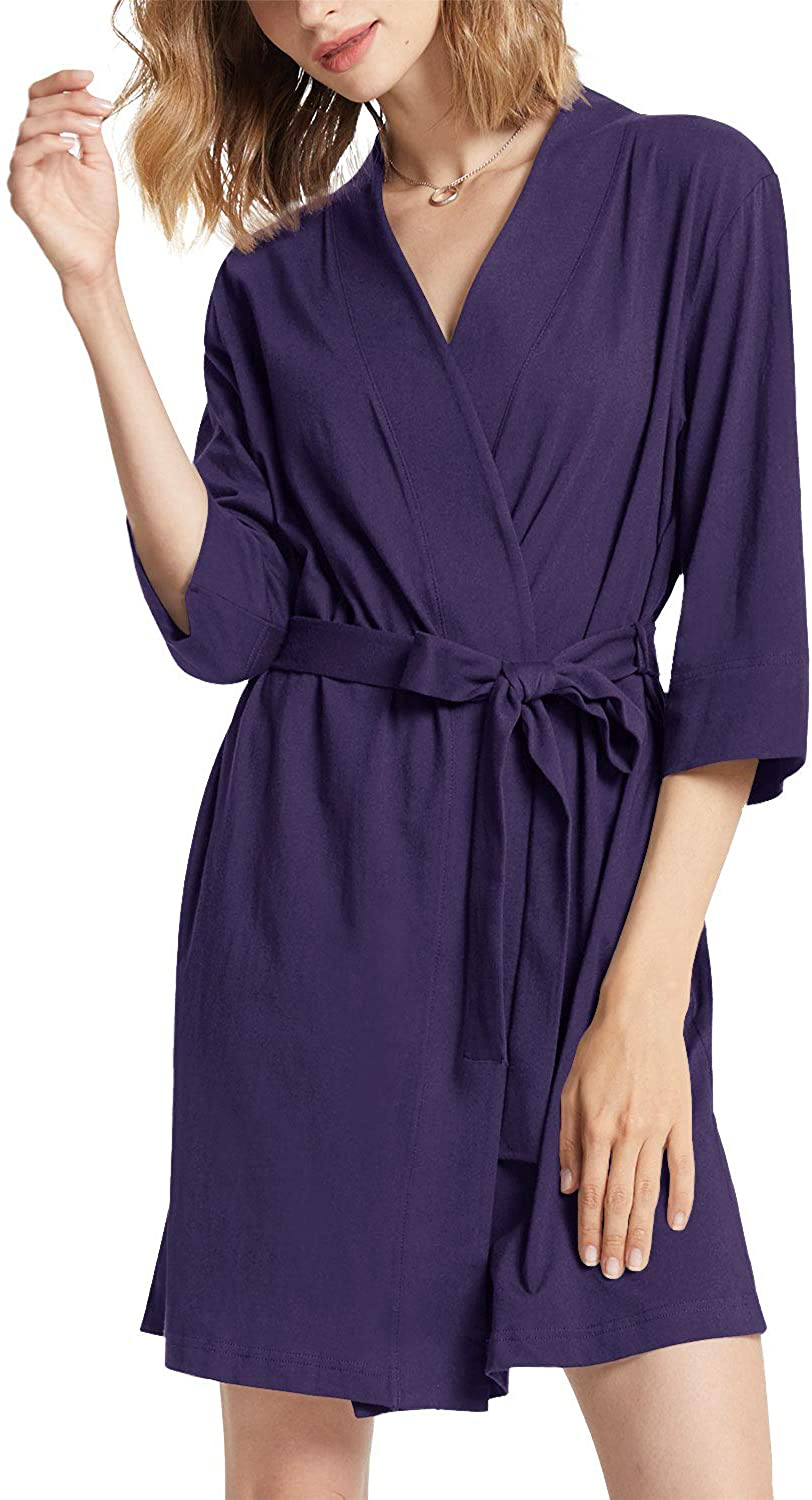 SIORO Womens Cotton Robe Kimono Lightweight Robes Short Knit Bathrobe Soft House Sleepwear Ladies Loungewear XS-3XL Apparel & Accessories > Clothing > Sleepwear & Loungewear > Robes KYLIE MAX Eggplant 3X-Large 