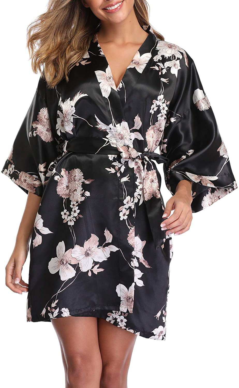 VOGMATE Women'S Floral Satin Short Robe for Bridesmaid Bride Silk Kimono Robe Dressing Gown for Wedding Party Apparel & Accessories > Clothing > Sleepwear & Loungewear > Robes VOGMATE Floral-#76 Black Small 