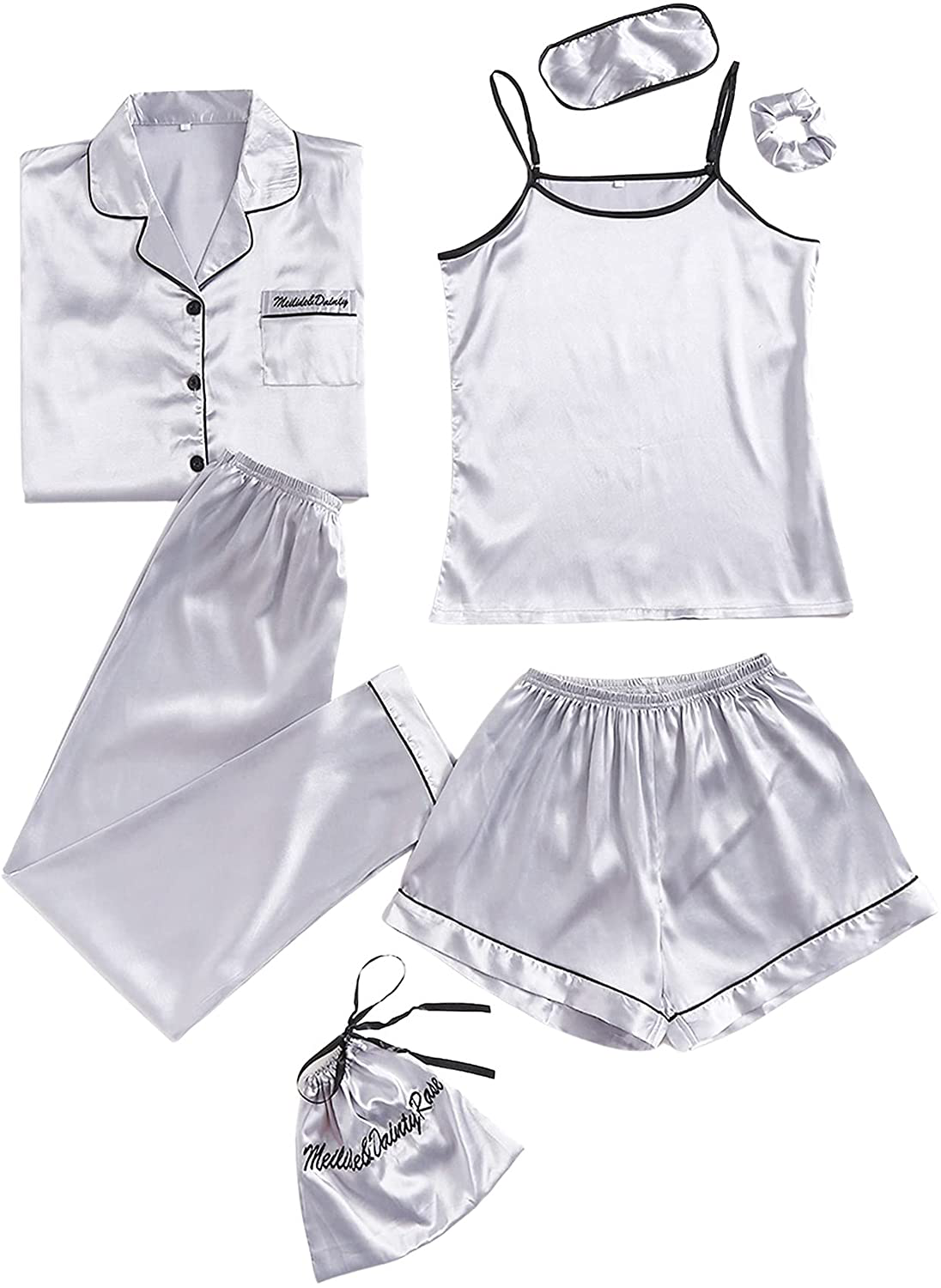 SheIn Women's 7pcs Pajama Set Cami Pjs with Shirt and Eye Mask Apparel & Accessories > Clothing > Sleepwear & Loungewear > Pajamas SheIn Solid Silver Medium 