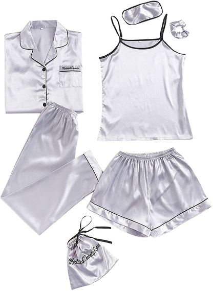 SheIn Women's 7pcs Pajama Set Cami Pjs with Shirt and Eye Mask Apparel & Accessories > Clothing > Sleepwear & Loungewear > Pajamas SheIn Solid Silver Medium 