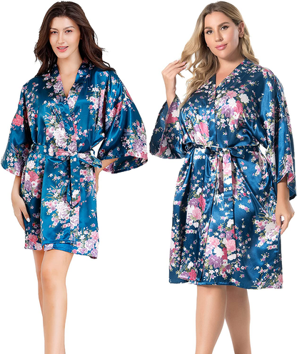 EPLAZA Women Floral Satin Robe Bridal Dressing Gown Wedding Bride Bridesmaid Kimono Sleepwear Apparel & Accessories > Clothing > Sleepwear & Loungewear > Robes EPLAZA   
