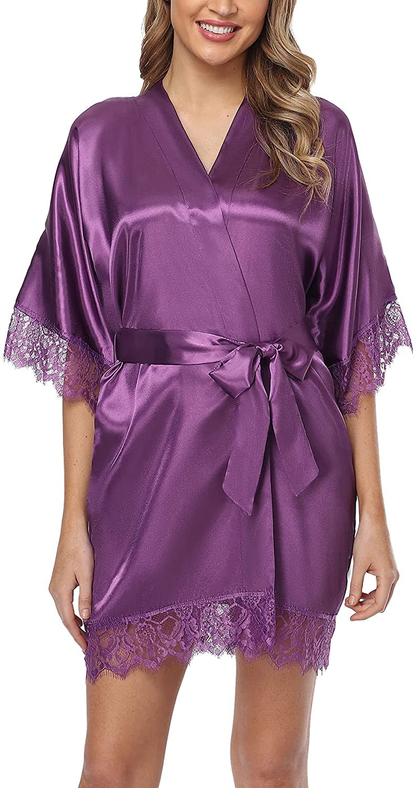 Old-Times Women Satin Short Robes for Bridesmaid Bride Sexy Nightgown Lace Trim Lightweight Bathrobe Apparel & Accessories > Clothing > Sleepwear & Loungewear > Robes Old-Times Deep Purple Large 