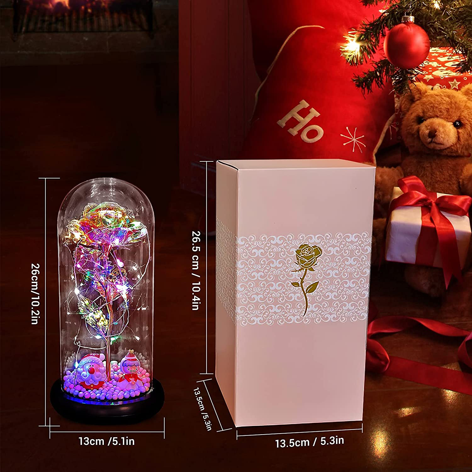 Fam Mitglie Galaxy Rose Flower Gift for Girlfriend, Artificial Flowers Glass Rose Gifts for Women/Mom, Beauty and Beast Rose in Glass Dome with Led Light String for Christmas Valentine's Day Gift Arts & Entertainment > Party & Celebration > Gift Giving FAM MITGLIE   