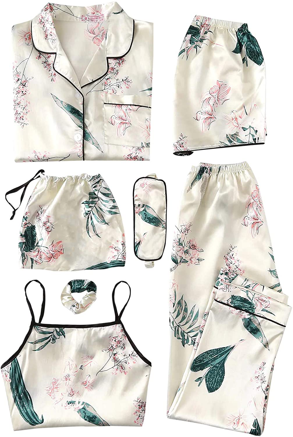 SheIn Women's 7pcs Pajama Set Cami Pjs with Shirt and Eye Mask Apparel & Accessories > Clothing > Sleepwear & Loungewear > Pajamas SheIn Beige Medium 