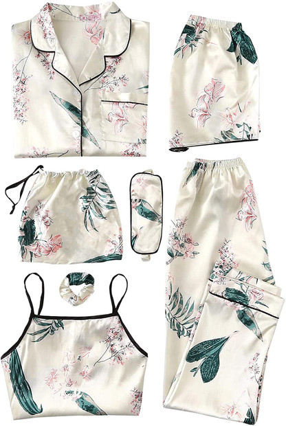 SheIn Women's 7pcs Pajama Set Cami Pjs with Shirt and Eye Mask Apparel & Accessories > Clothing > Sleepwear & Loungewear > Pajamas SheIn Beige Medium 