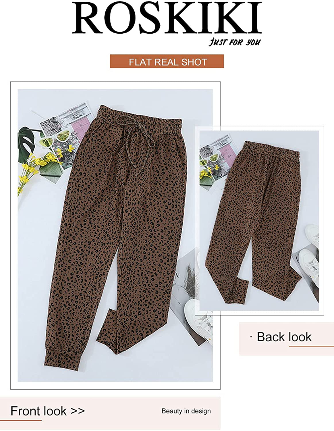 ROSKIKI Womens Leopard Drawstring Elastic Waist Sports Lounge Pants with Pockets Apparel & Accessories > Clothing > Activewear Kylie Max   
