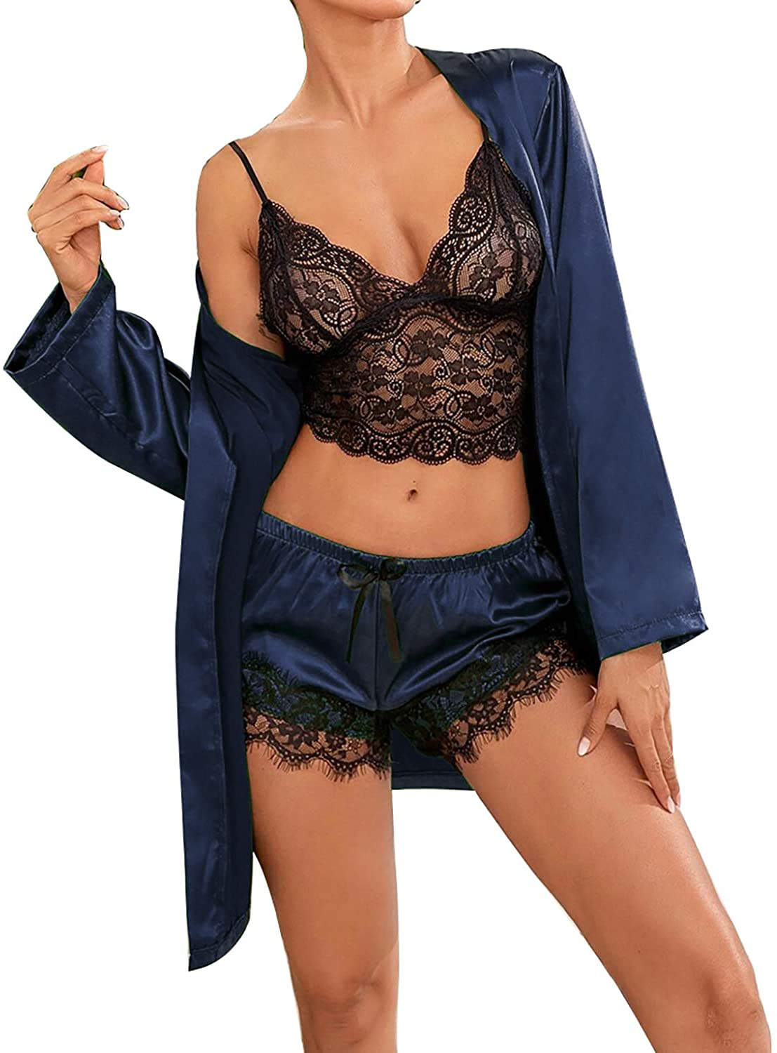 TAKOYI Women'S Sexy Lace 3 Piece Satin Robe and Pajama Set Cami Top Lingerie with Robe Camisole Shorts Apparel & Accessories > Clothing > Sleepwear & Loungewear Kylie Max   