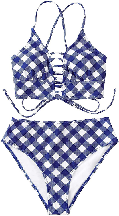 CUPSHE Women’s Bikini Swimsuit Floral Print Lace Up Multi Color Strappy Two Piece Bathing Suit Apparel & Accessories > Clothing > Swimwear CUPSHE Blue Gingham XX-Large 