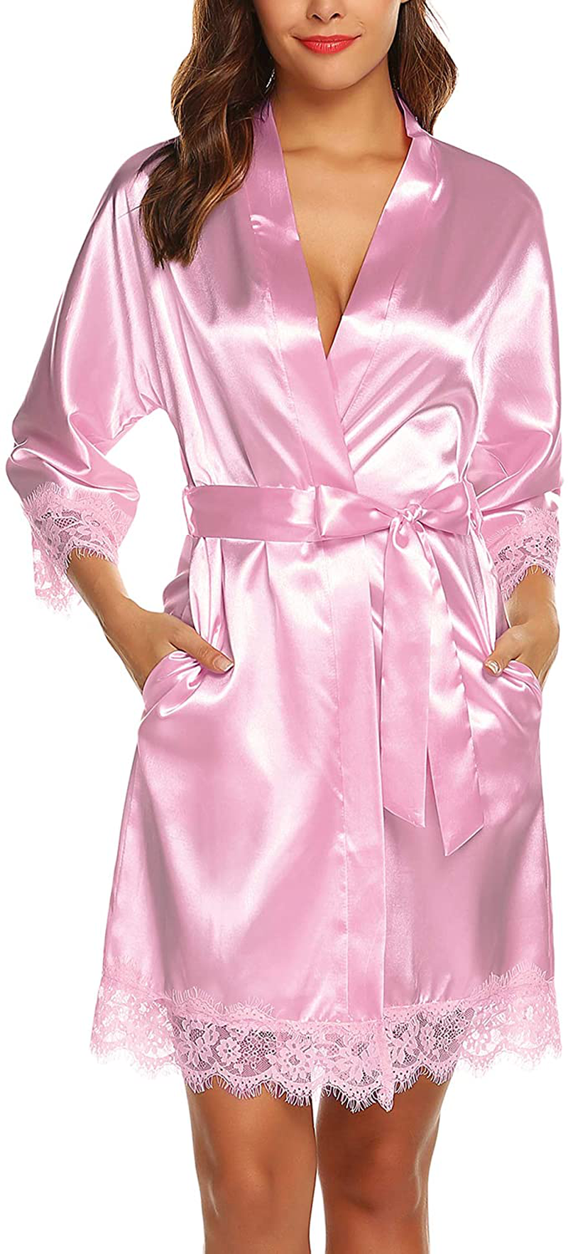 URRU Women'S Satin Silk Bathrobe Oblique V-Neck Short Kimono Robe Bridesmaids Robe S-XXXL Apparel & Accessories > Clothing > Sleepwear & Loungewear > Robes KYLIE MAX Pink X-Small 