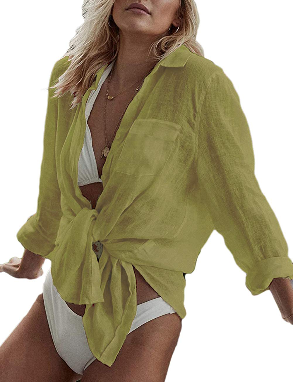 Bsubseach Women Long Sleeve Beach Shirt Blouses Turn down Collar Bathing Suit Cover Ups Apparel & Accessories > Clothing > Swimwear Kylie Max   