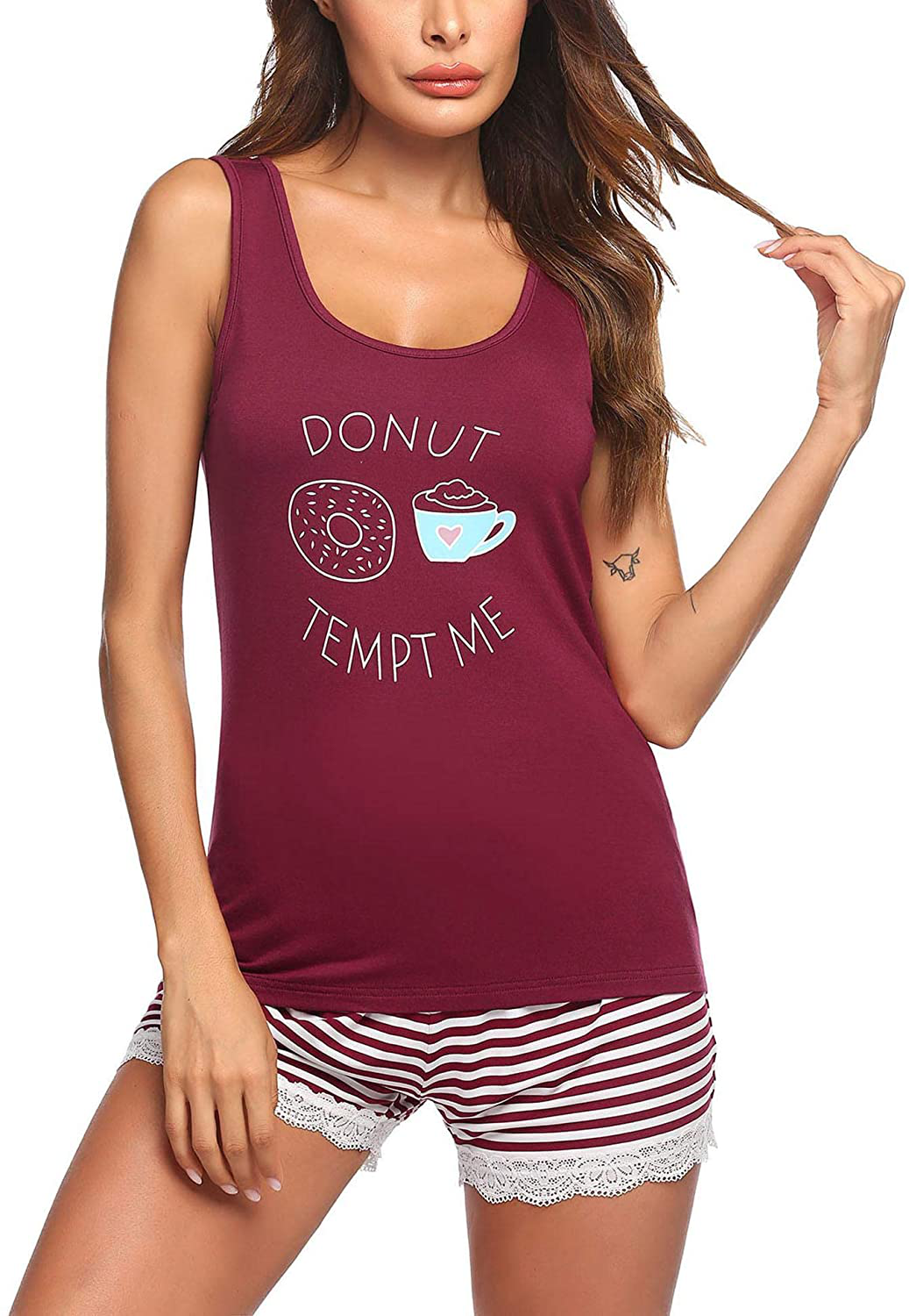 Ekouaer Womens Pajama Set Sleeveless Tank Top and Shorts Pj Set Lace Hem Sleepwear S-XXL Apparel & Accessories > Clothing > Sleepwear & Loungewear > Pajamas Ekouaer Wine Red 3X-Large 