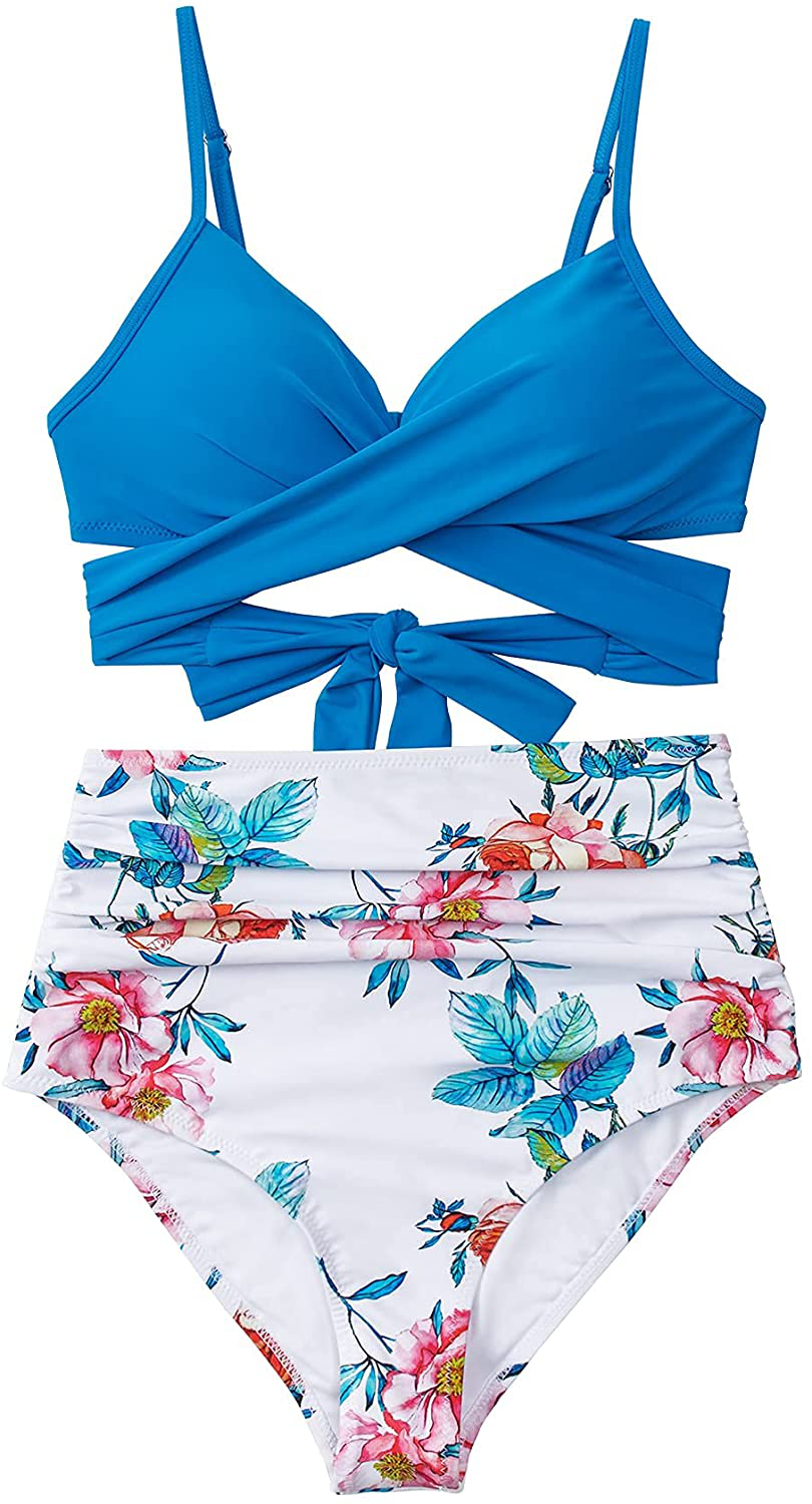 CUPSHE Women's High Waist Bikini Swimsuit Floral Print Tie Two Piece Bathing Suit Apparel & Accessories > Clothing > Swimwear CUPSHE   