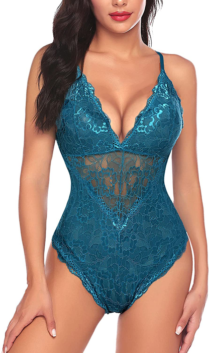 Avidlove Women Snap Crotch Lingerie Sexy Lace Bodysuit Deep V Teddy One Piece Lace Babydoll Apparel & Accessories > Clothing > Underwear & Socks > Lingerie Avidlove Peacock Blue-(with Snap Crotch) X-Large 