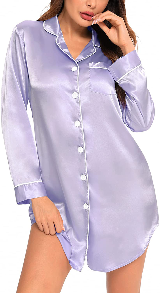 SWOMOG Women'S Satin Sleep Shirt Long Sleeve Sleepwear Silk Nightshirt Button down Pajama Top Apparel & Accessories > Clothing > Sleepwear & Loungewear > Nightgowns Kylie Max   