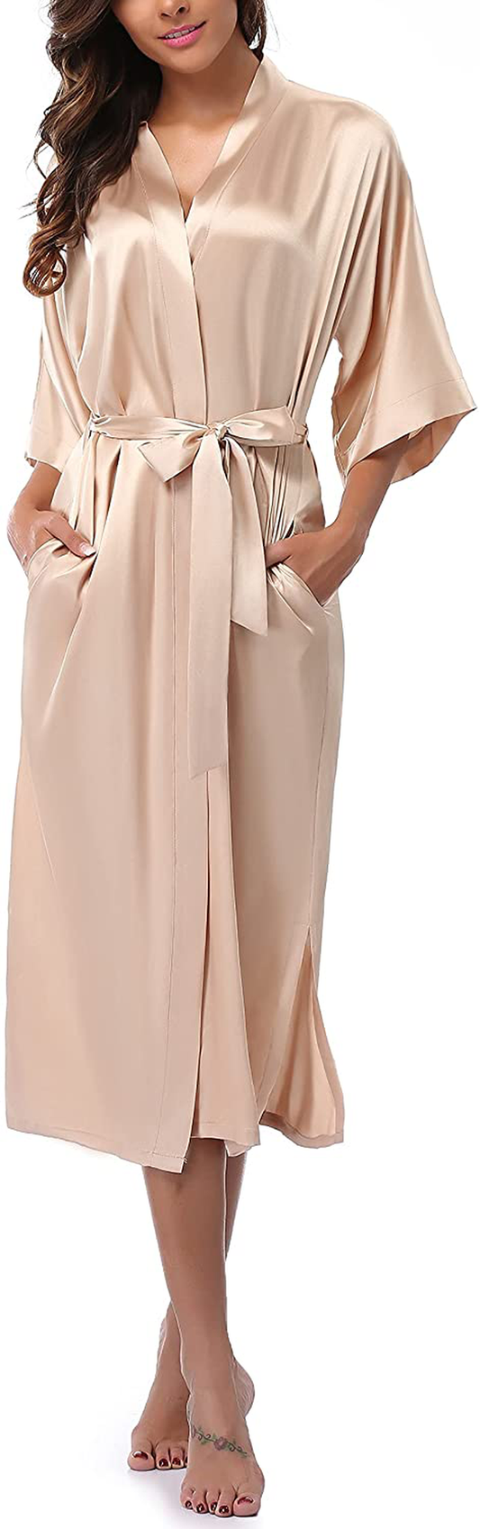 Witbuy Women'S Long Satin Robe Sexy Lightweight Bathrobe Pure Color Sleepwear plus Size Apparel & Accessories > Clothing > Sleepwear & Loungewear > Robes WitBuy Champagne Large 