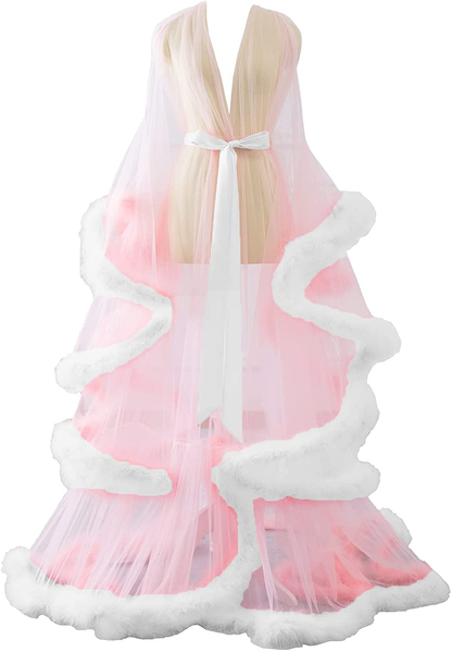 Changuan Sexy Illusion Long Lingerie Robe Nightgown Bathrobe Sleepwear Feather Bridal Robe Wedding Scarf Apparel & Accessories > Clothing > Sleepwear & Loungewear > Robes Changuan Blush +Pink Large-X-Large 