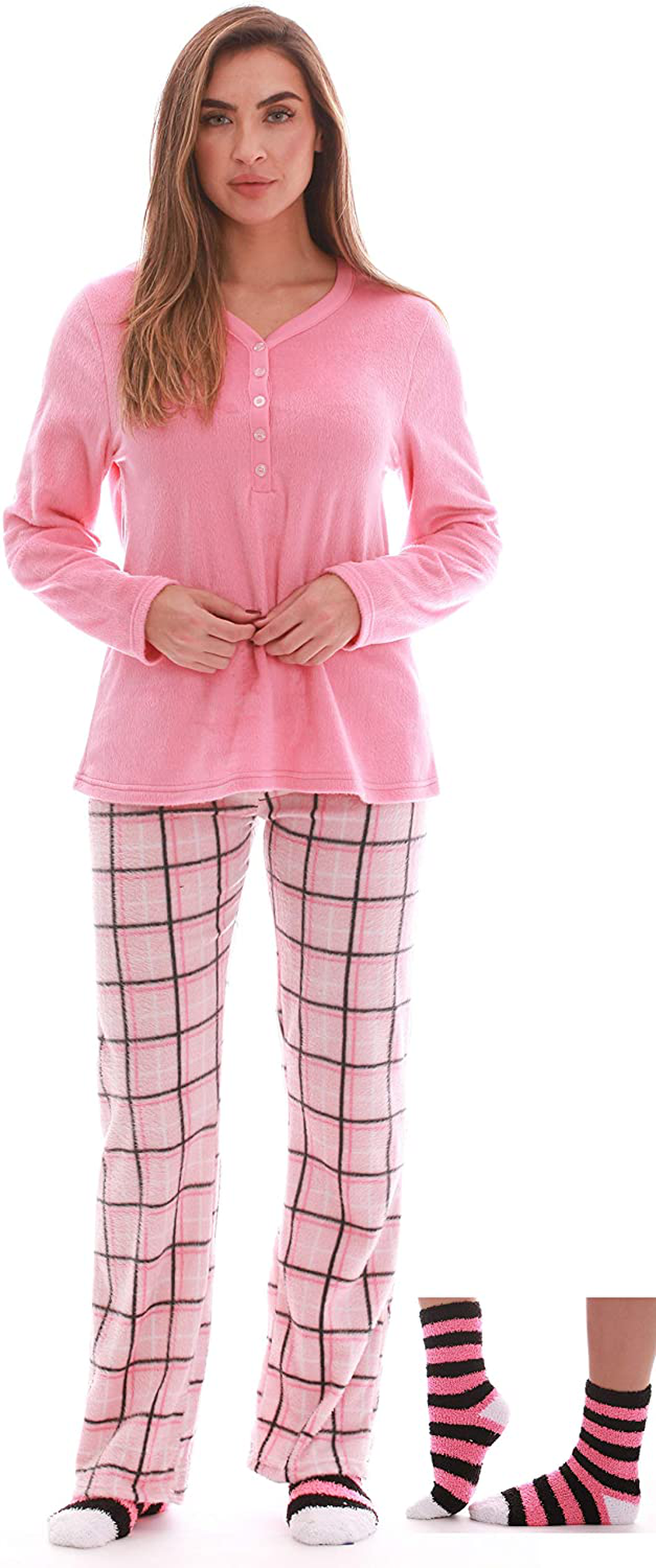 Just Love Women’s Ultra-Soft Pajama Pant Set with Matching Fuzzy Socks Apparel & Accessories > Clothing > Sleepwear & Loungewear > Pajamas Just Love Coral Plaid 1X 