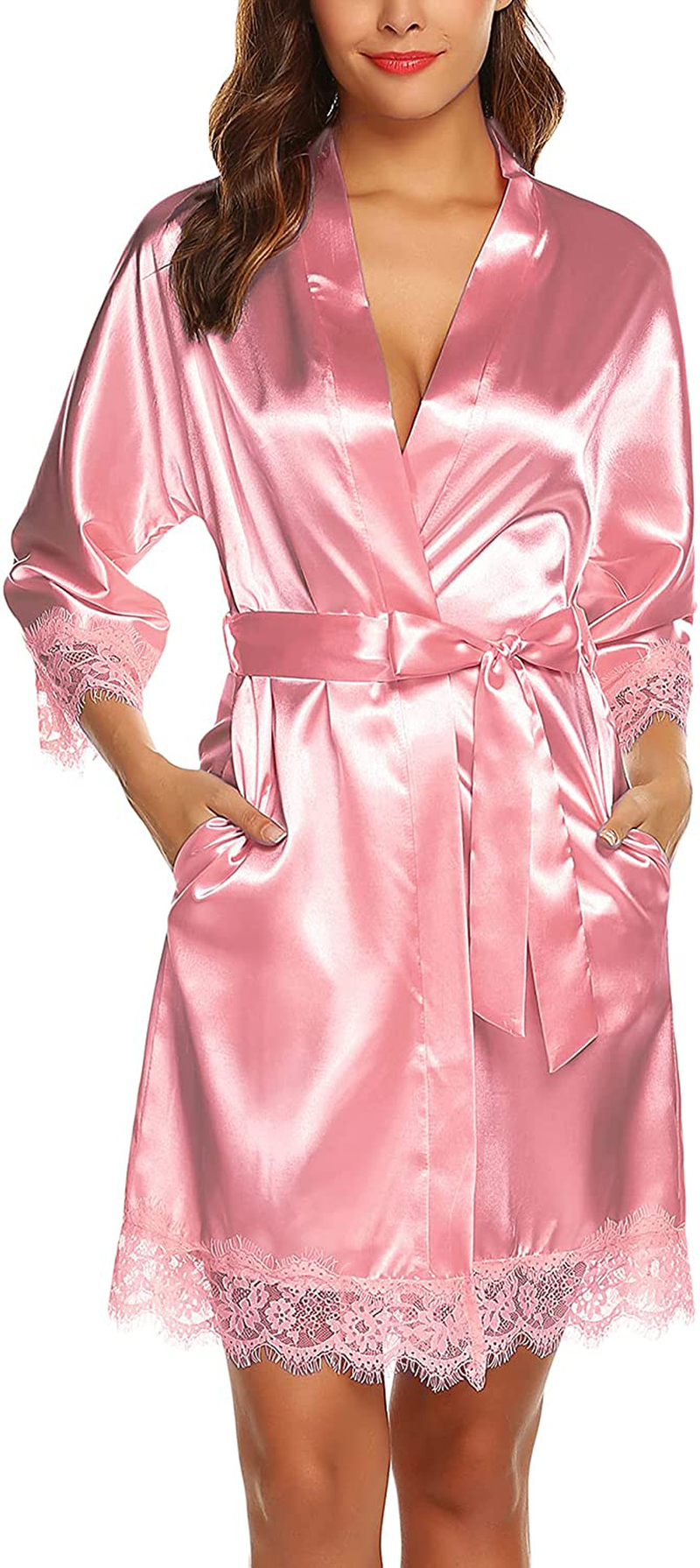 URRU Women'S Satin Silk Bathrobe Oblique V-Neck Short Kimono Robe Bridesmaids Robe S-XXXL Apparel & Accessories > Clothing > Sleepwear & Loungewear > Robes KYLIE MAX Peach X-Large 