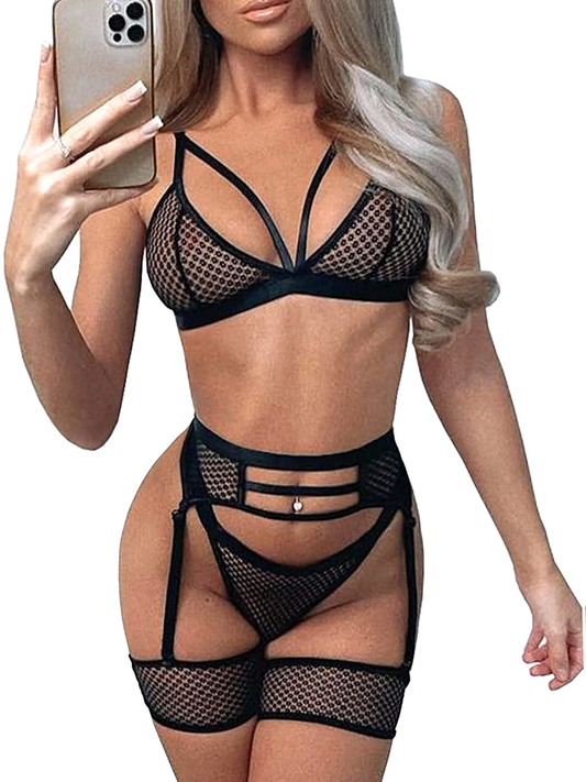 Kaei&Shi 4 Piece,Strappy Triangle Bralette,Thong,Thigh Bands,Garter Lingerie Set Apparel & Accessories > Clothing > Underwear & Socks > Lingerie Kaei&Shi Black 6 