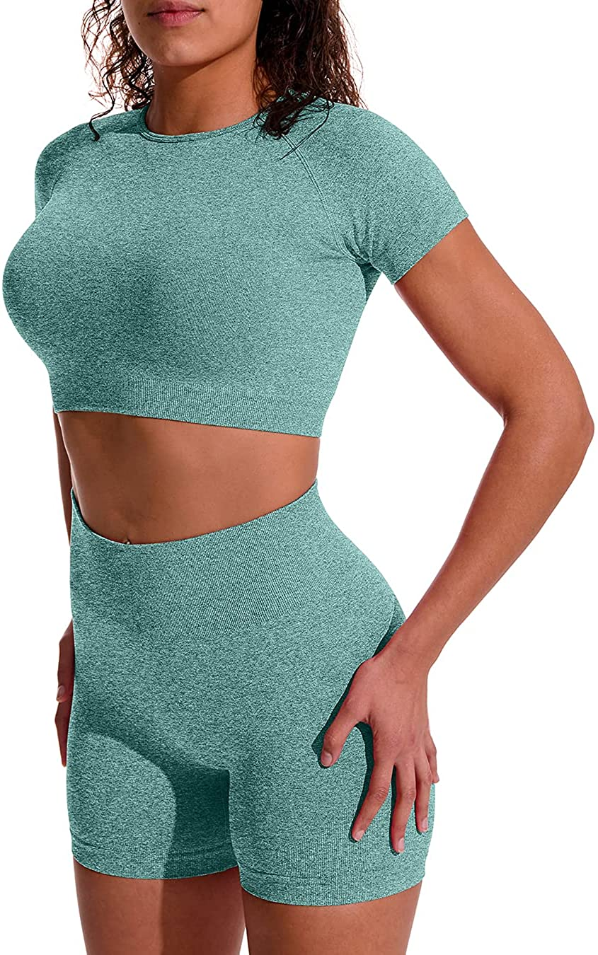 OYS Women'S Yoga 2 Piece Outfits Workout Running Crop Top Seamless High Waist Sports Shorts Sets Apparel & Accessories > Clothing > Underwear & Socks > Lingerie OYS   