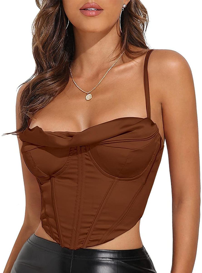 Modegal Women'S Satin Cowl Neck Fish Boned Zip Back Adjustable Spaghetti Straps Bustier Corset Crop Top Apparel & Accessories > Clothing > Underwear & Socks > Lingerie Modegal Brown 10 